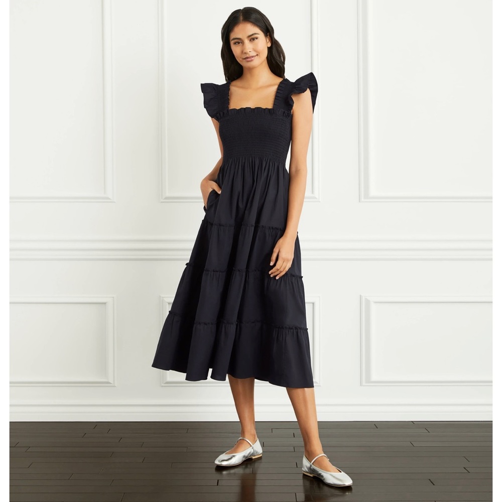 Hill House Navy Smocked Midi Dress with Flutter Straps